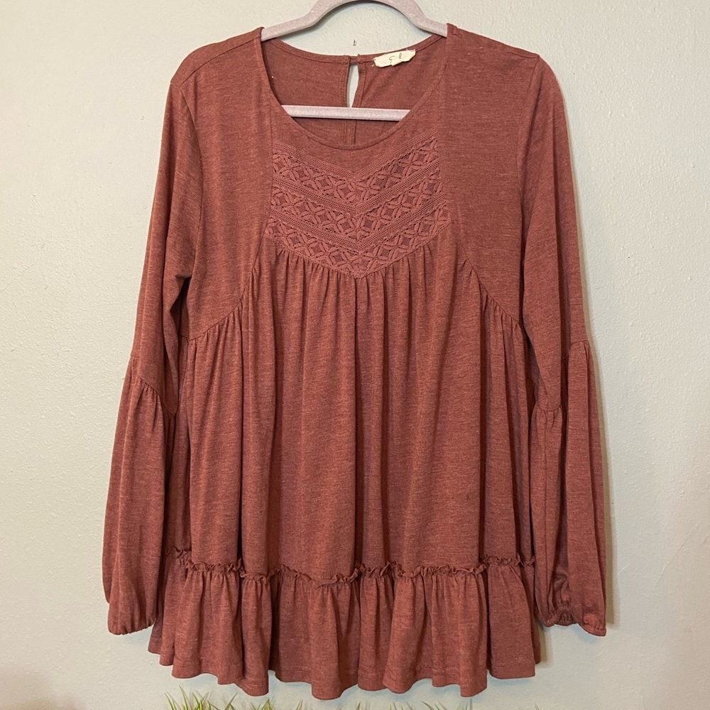 Easel Women's Bohemian Maroon Babydoll Top Size Medium